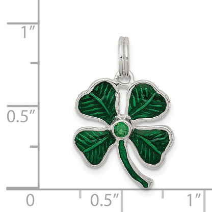 Sterling Silver Enameled 4-Leaf Clover With Green Glass Stone Charm
