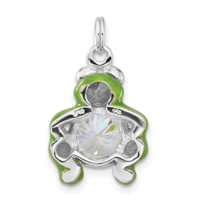 Sterling Silver Polished Cz Green Enameled Frog Charm