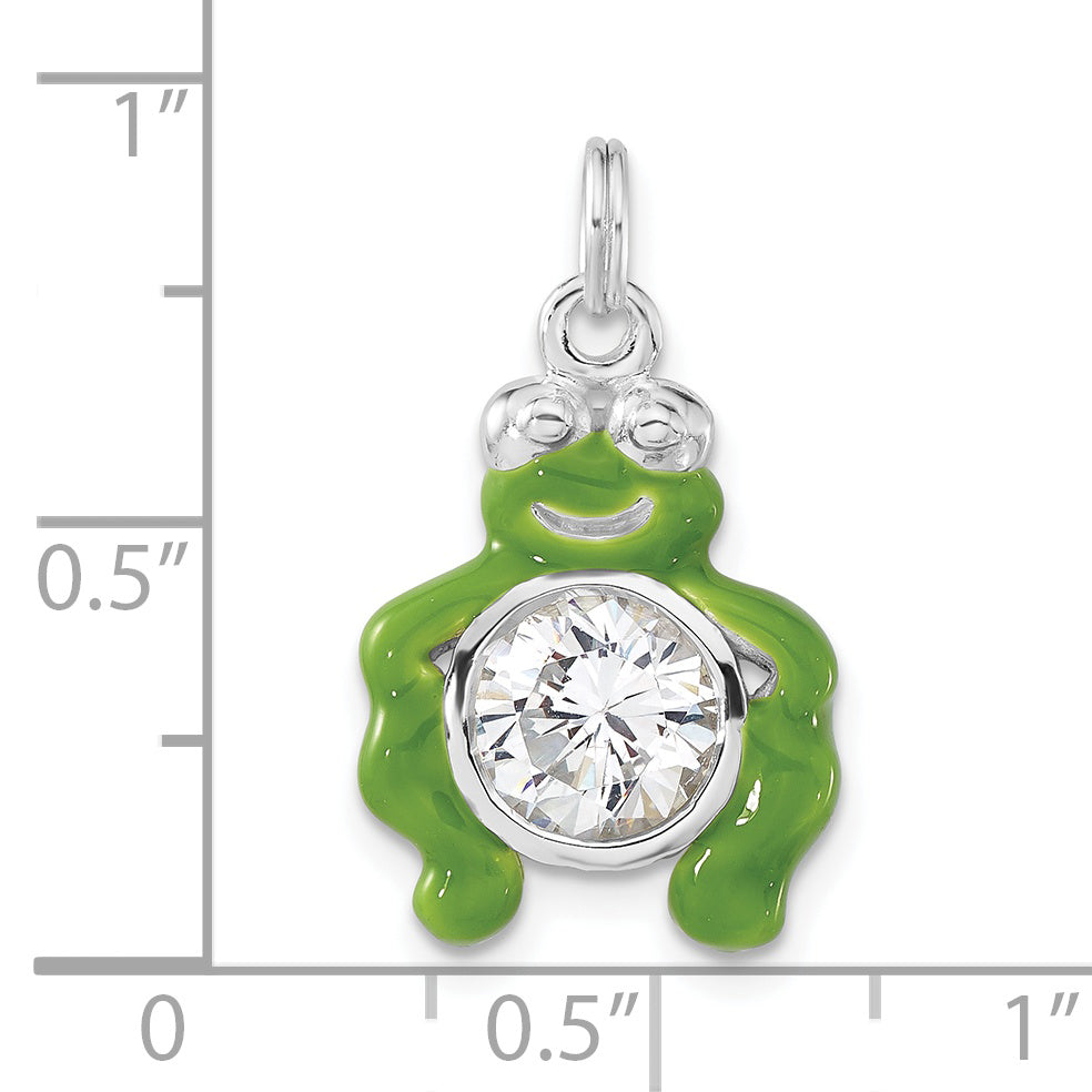 Sterling Silver Polished Cz Green Enameled Frog Charm