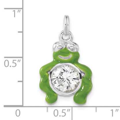 Sterling Silver Polished Cz Green Enameled Frog Charm