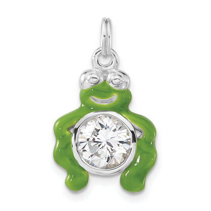 Sterling Silver Polished Cz Green Enameled Frog Charm