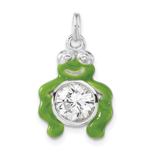 Sterling Silver Polished Cz Green Enameled Frog Charm