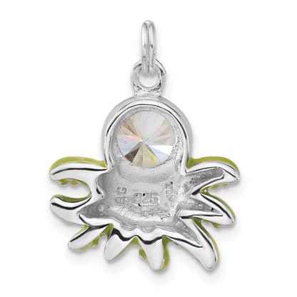 Sterling Silver Polished Cz Green Enameled Octopus Charm