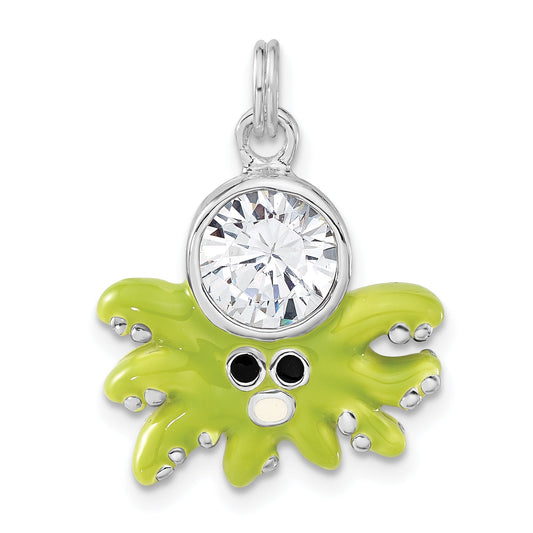 Sterling Silver Polished Cz Green Enameled Octopus Charm
