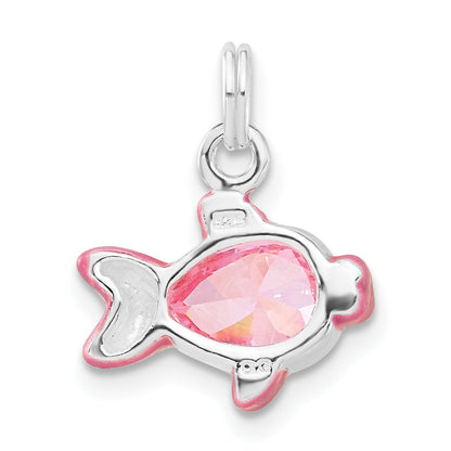 Sterling Silver Polished Cz Pink Enameled Fish Charm