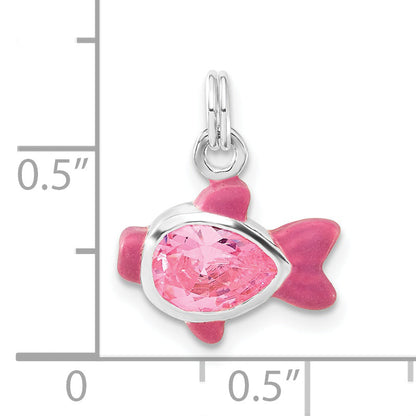 Sterling Silver Polished Cz Pink Enameled Fish Charm