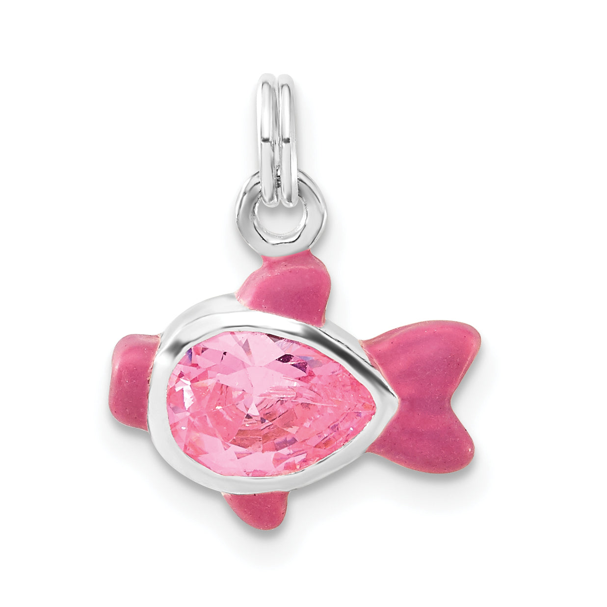 Sterling Silver Polished Cz Pink Enameled Fish Charm