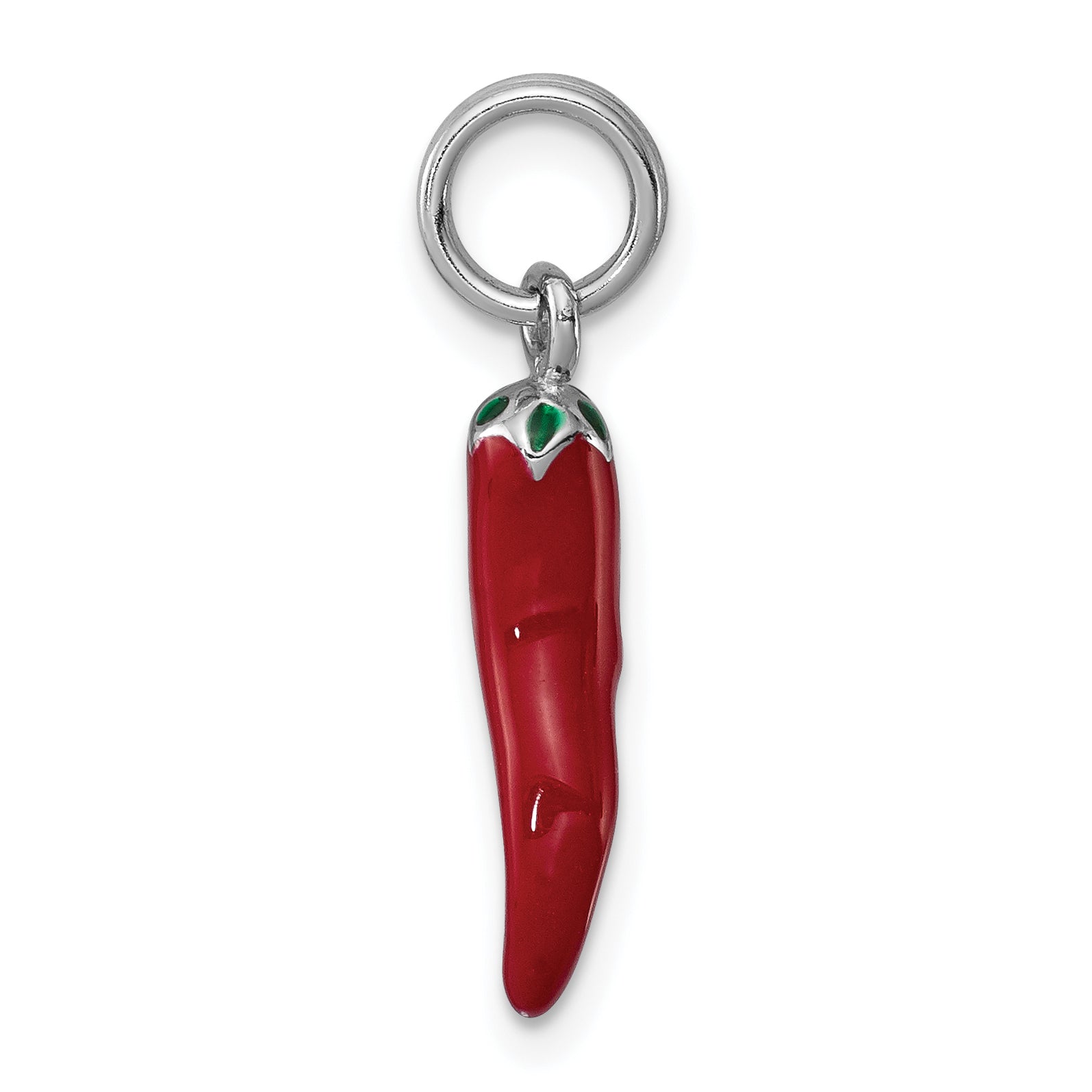 Sterling Silver Rhodium Plated Red Enamel With Green Accent Pepper Charm