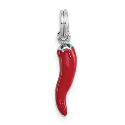 Sterling Silver Rhodium Plated Red Enamel With Green Accent Pepper Charm