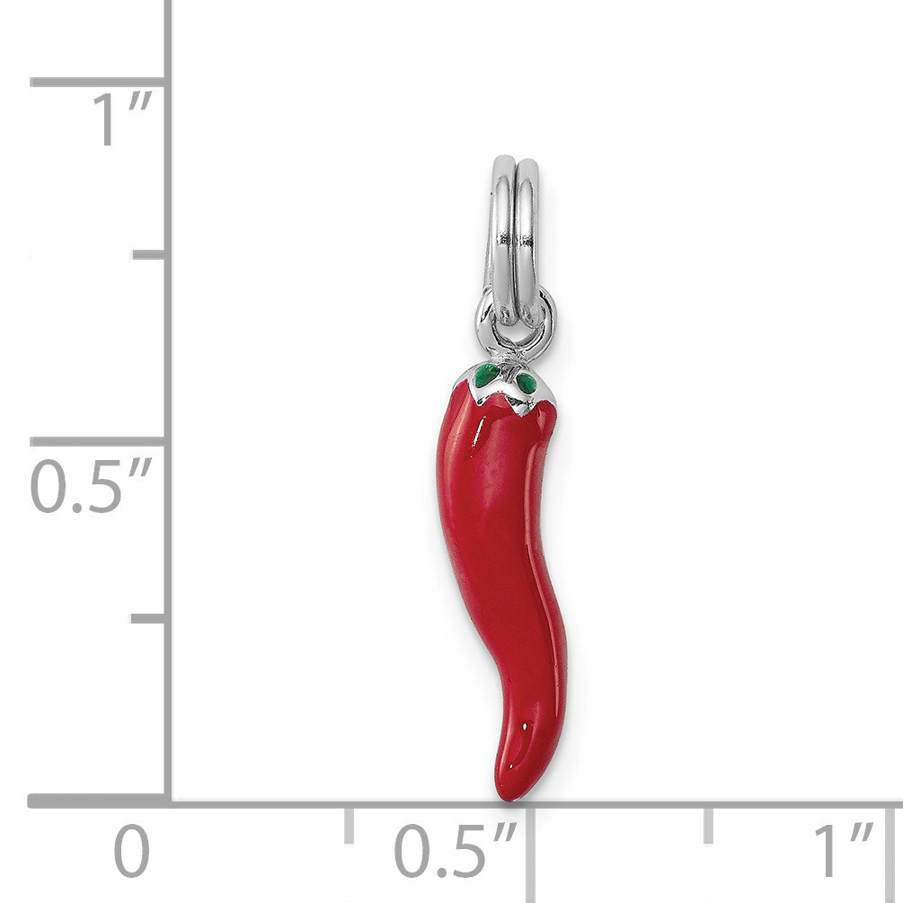 Sterling Silver Rhodium Plated Red Enamel With Green Accent Pepper Charm