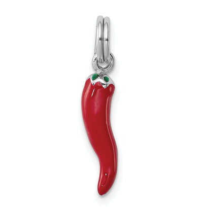 Sterling Silver Rhodium Plated Red Enamel With Green Accent Pepper Charm
