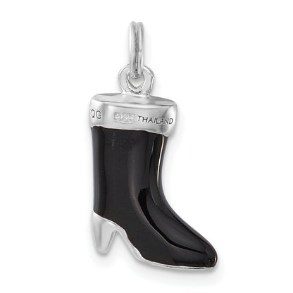 Sterling Silver Polished Cz & Black Enamel Boot Charm