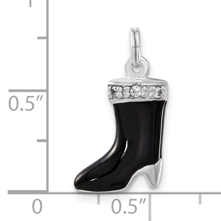 Sterling Silver Polished Cz & Black Enamel Boot Charm