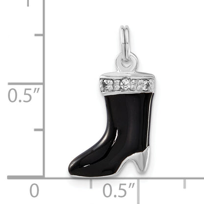 Sterling Silver Polished Cz & Black Enamel Boot Charm