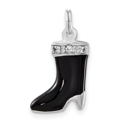 Sterling Silver Polished Cz & Black Enamel Boot Charm