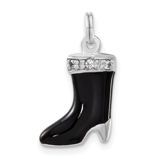 Sterling Silver Polished Cz & Black Enamel Boot Charm