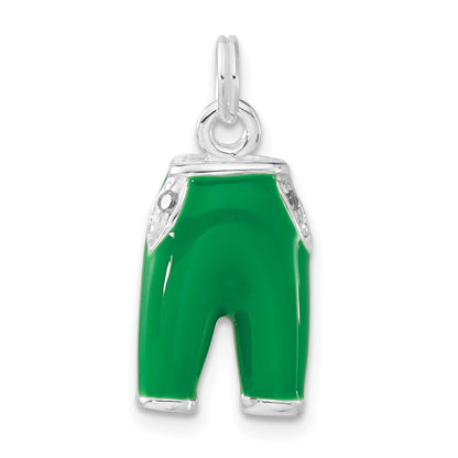 Sterling Silver 3-D Polished Cz Green Enameled Pants Charm