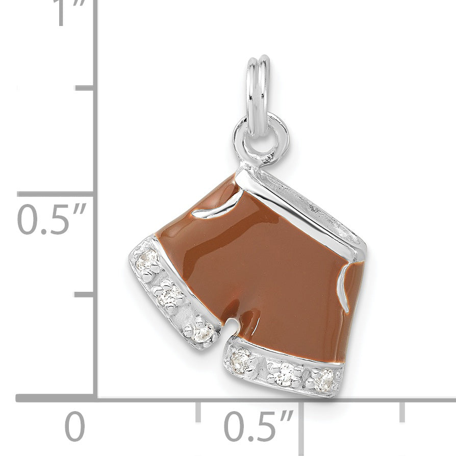 Sterling Silver 3-D Polished Cz & Brown Enameled Shorts Charm