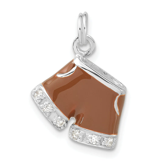 Sterling Silver 3-D Polished Cz & Brown Enameled Shorts Charm