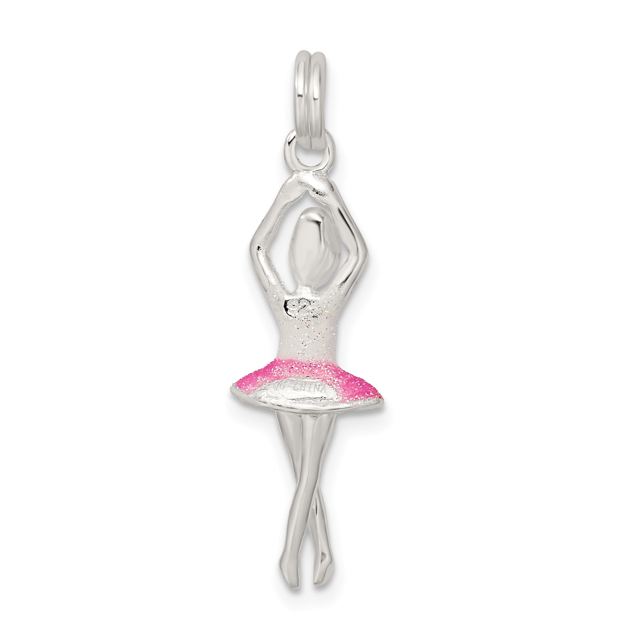 Sterling Silver Pink & White Enamel With Glitter Ballerina Charm