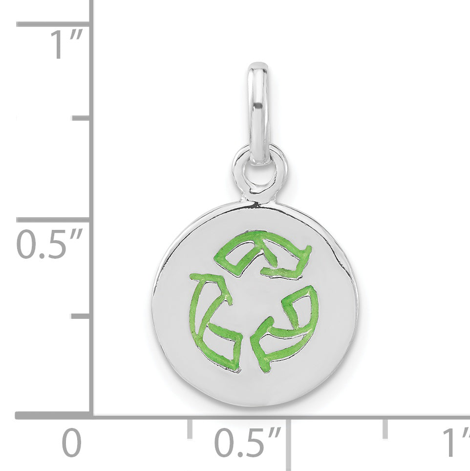 Sterling Silver Polished & Green Enameled Round Recycle Charm