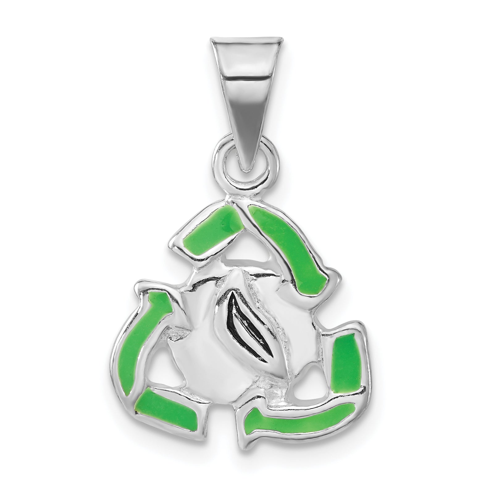 Sterling Silver Polished & Green Enameled Recycle Pendant