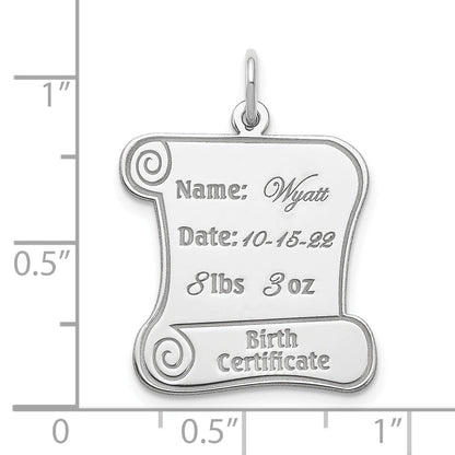 Sterling Silver Rhodium-Plated Personalizable Birth Certificate Charm