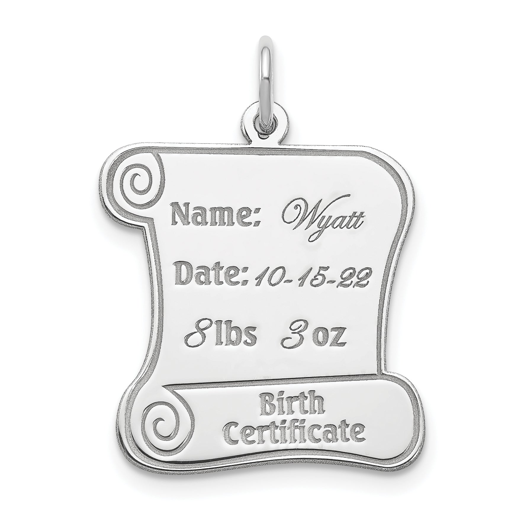 Sterling Silver Rhodium-Plated Personalizable Birth Certificate Charm
