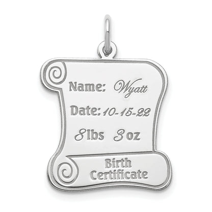 Sterling Silver Rhodium-Plated Personalizable Birth Certificate Charm