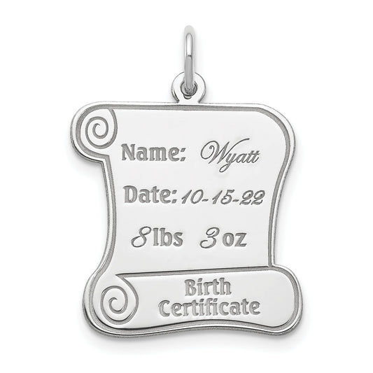 Sterling Silver Rhodium-Plated Personalizable Birth Certificate Charm