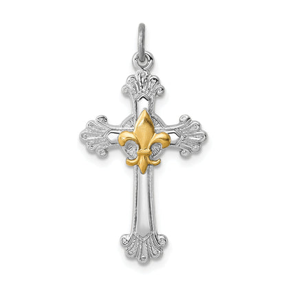 Sterling Silver Rhodium-Plated & Gold-Plated Cross Fleur De Lis Pendant