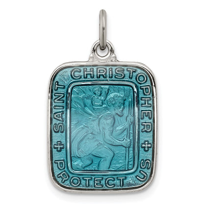 Sterling Silver Blue Enamel Square St. Christopher Medal Pendant
