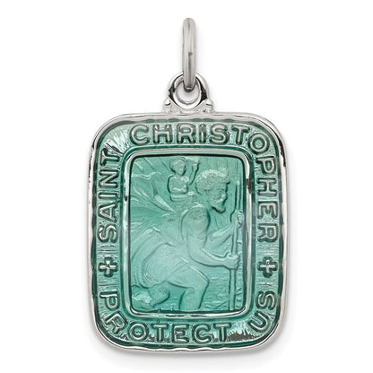 Sterling Silver Teal Enamel Square St. Christopher Medal Pendant