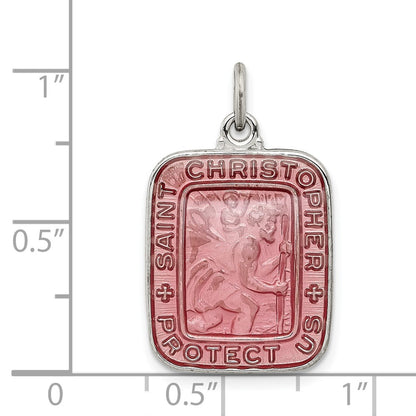 Sterling Silver Pink Enamel Square St. Christopher Medal Pendant