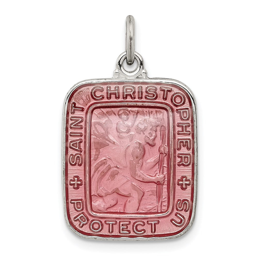 Sterling Silver Pink Enamel Square St. Christopher Medal Pendant
