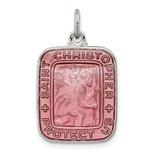 Sterling Silver Pink Enamel Square St. Christopher Medal Pendant