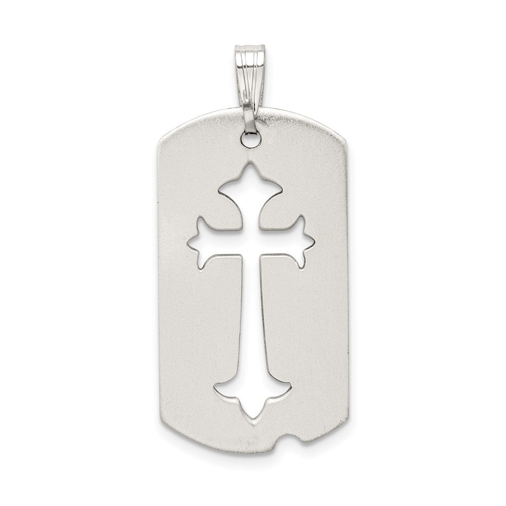 Sterling Silver Satin Antiqued Dog Tag With Cut Out Cross Pendant