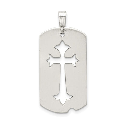 Sterling Silver Satin Antiqued Dog Tag With Cut Out Cross Pendant