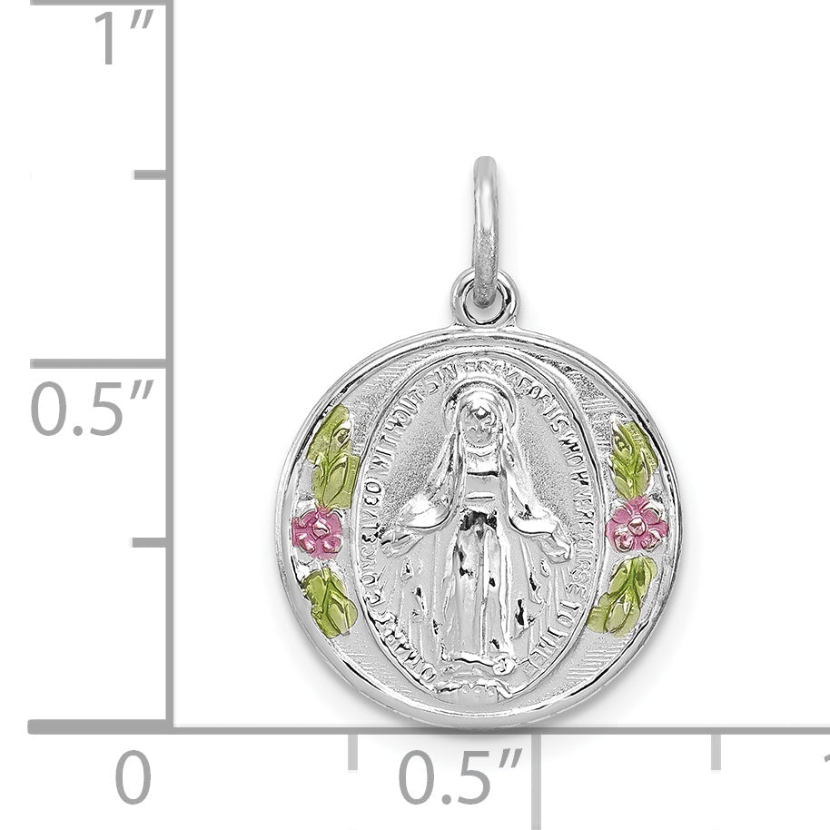 Sterling Silver Rhodium-Plated Polished Epoxy Miraculous Medal Pendant