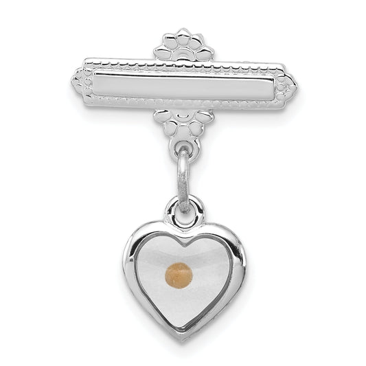 Sterling Silver Rhodium-Plated Polished Heart W/ Epoxy Mustard Seed Pin