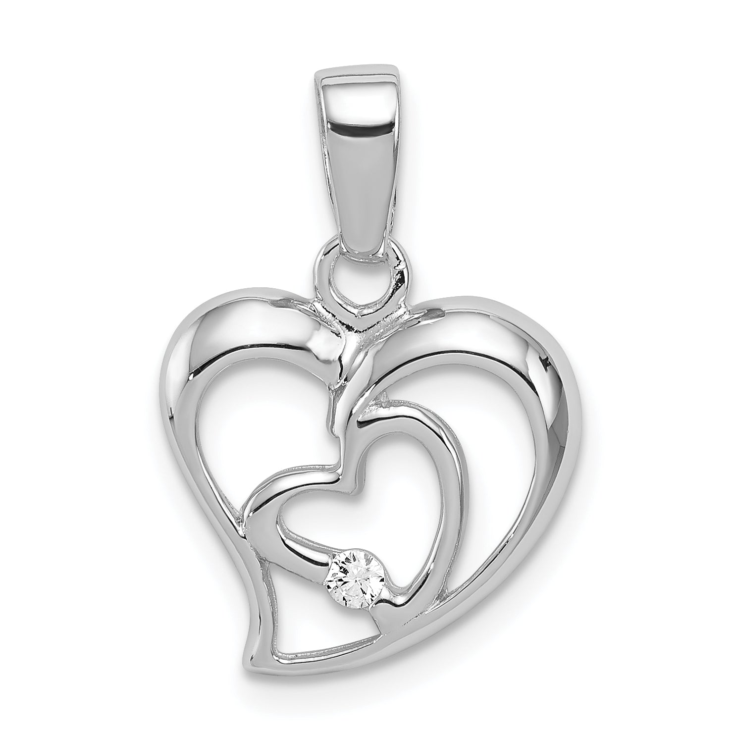 Sterling Silver Rhodium-Plated Cz Open Double Heart Pendant