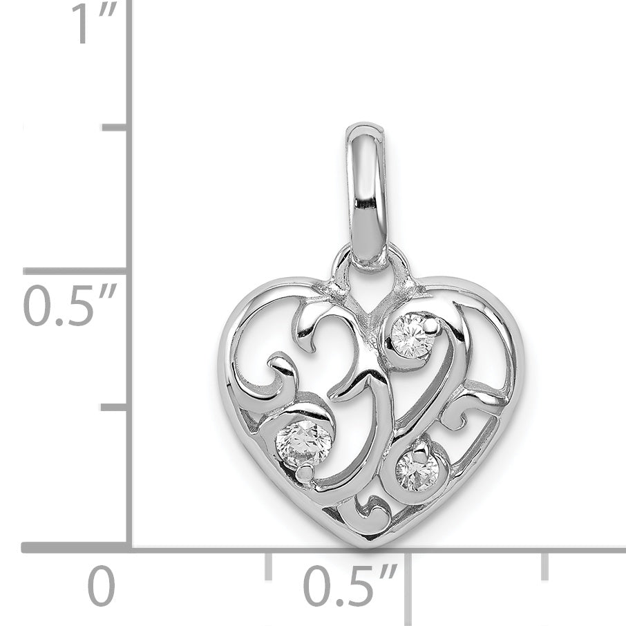 Sterling Silver Rhodium Plated Cz Heart Pendant