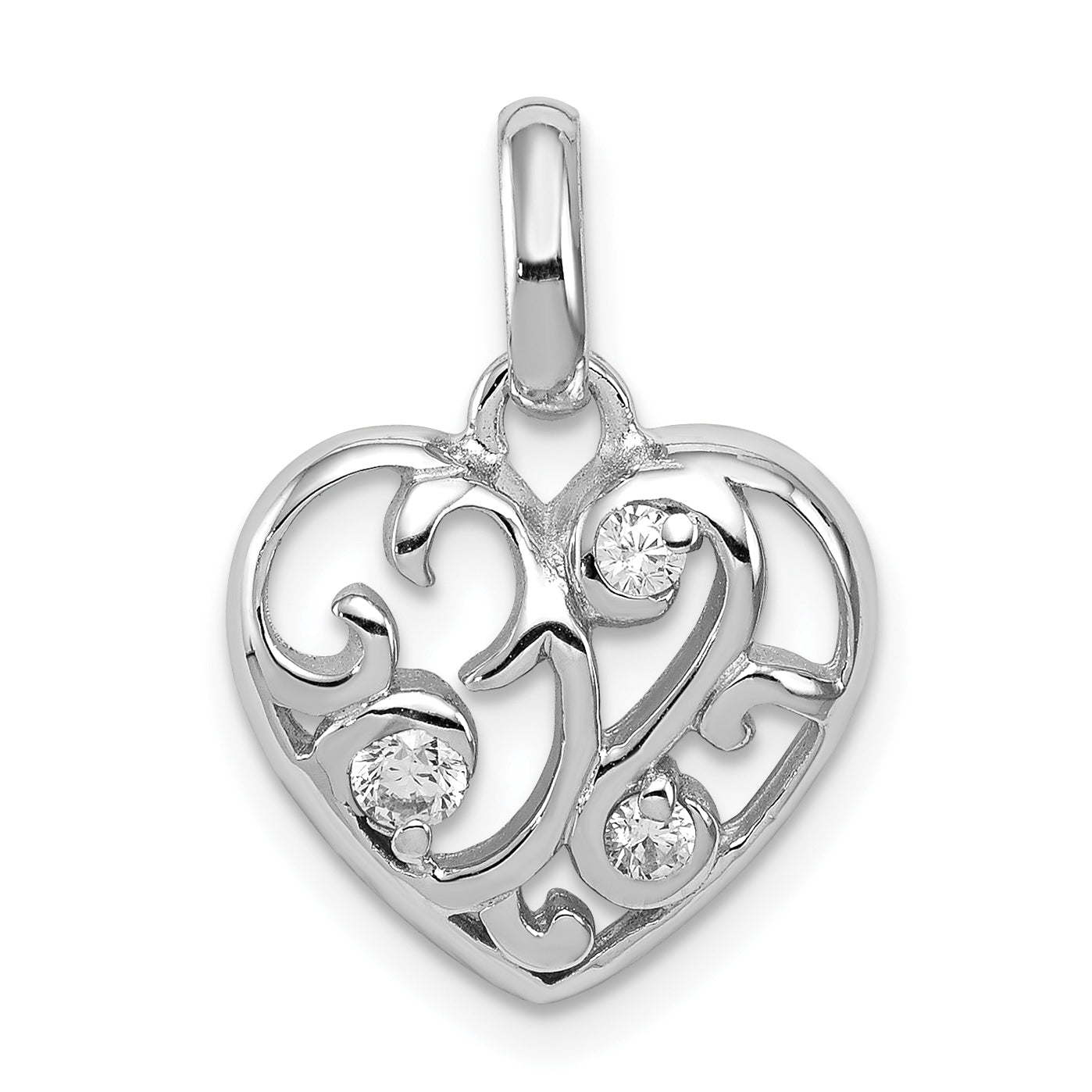 Sterling Silver Rhodium Plated Cz Heart Pendant