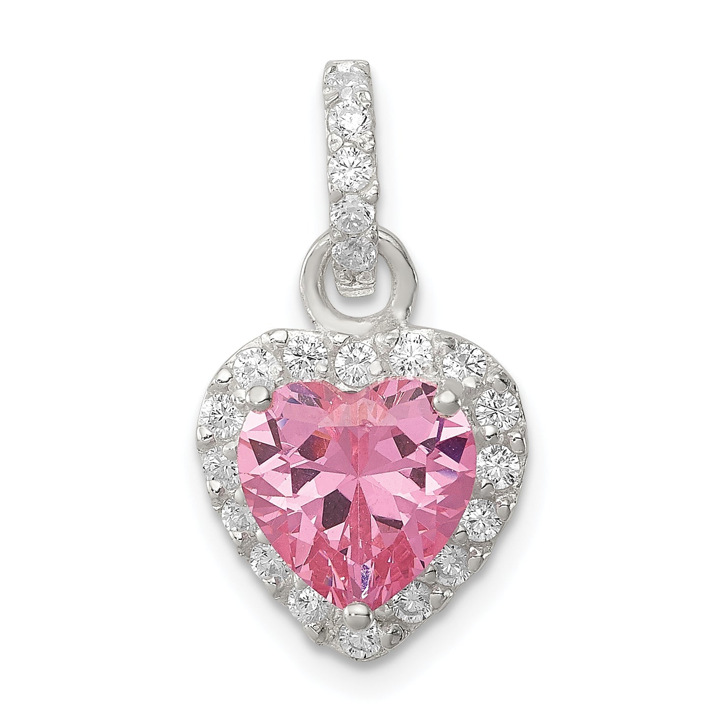 Sterling Silver Clear Cz And Pink Heart Pendant