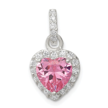 Sterling Silver Clear Cz And Pink Heart Pendant