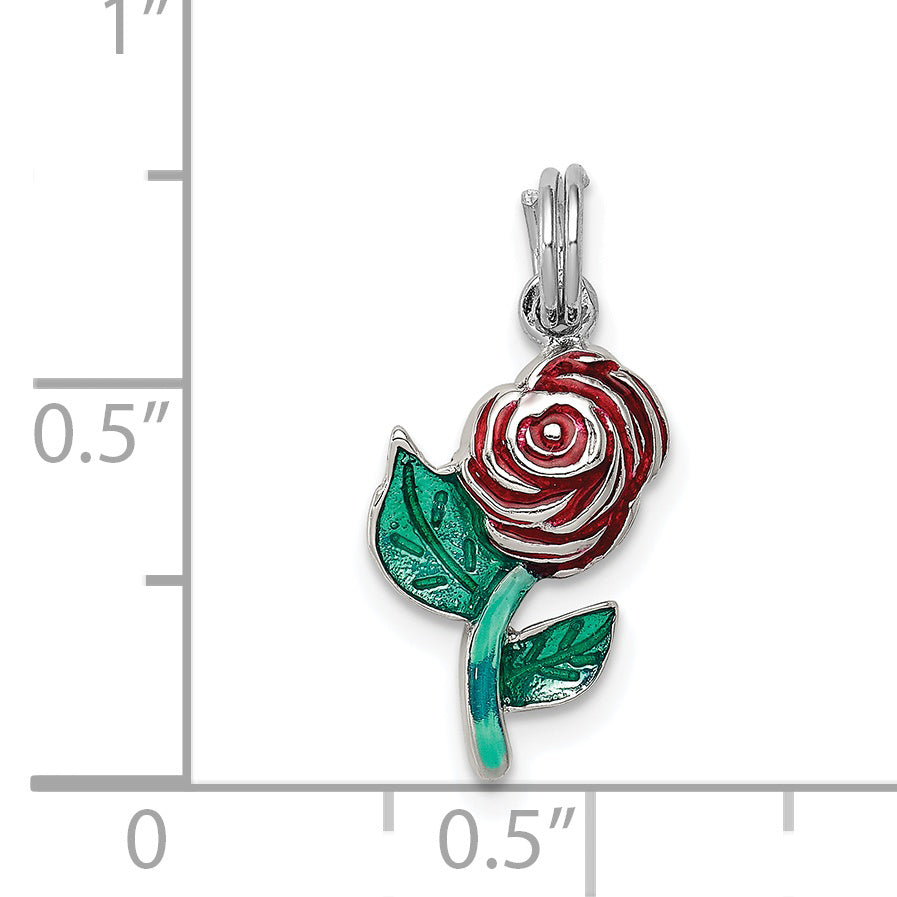 Sterling Silver Rhodium-Plated Green And Red Enamel Rose Charm