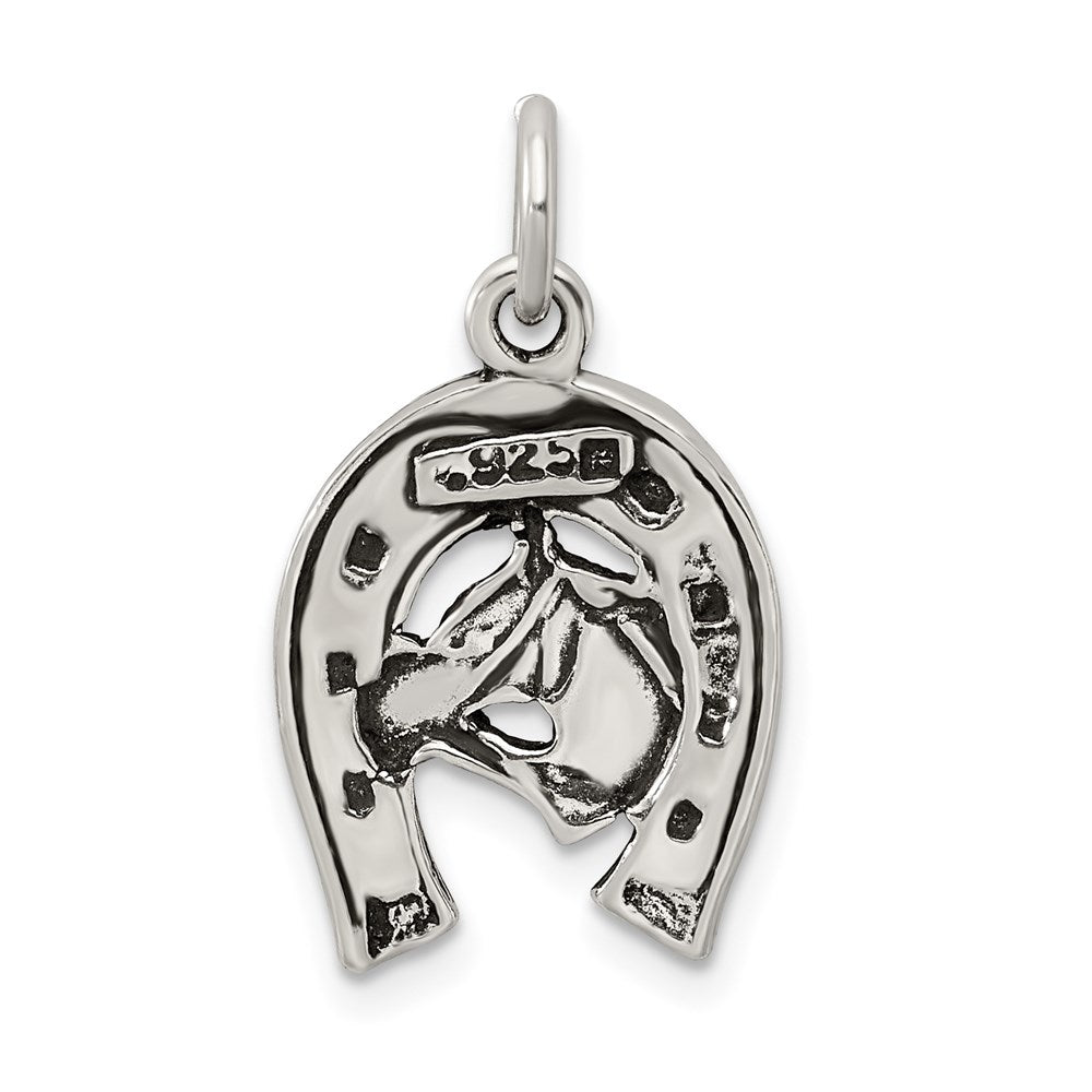 Sterling Silver Antiqued Horseshoe With Horse Head Charm