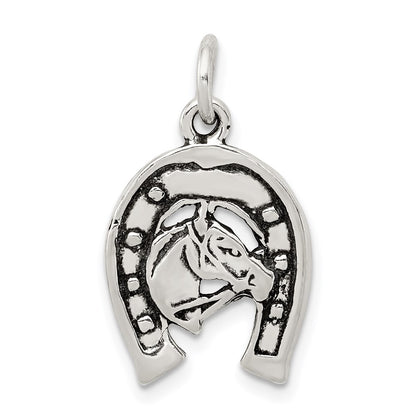 Sterling Silver Antiqued Horseshoe With Horse Head Charm
