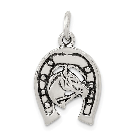 Sterling Silver Antiqued Horseshoe With Horse Head Charm