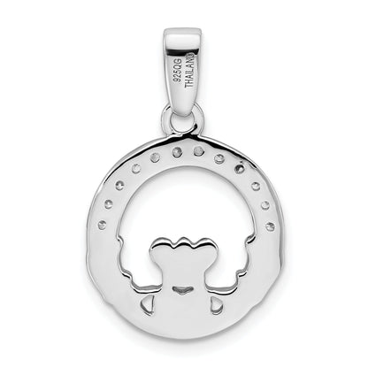 Sterling Silver Rhodium Plated Cz Claddagh Pendant